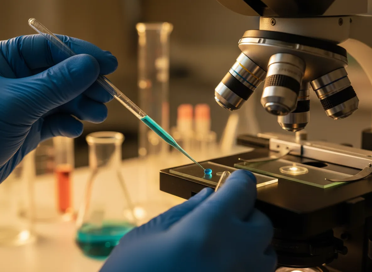 Gloved hands preparing sample slides beside a laboratory microscope.