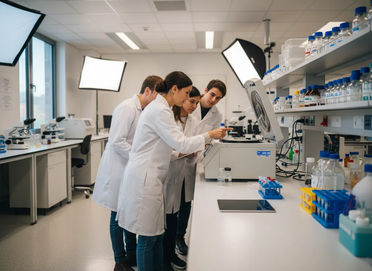 Researchers in lab coats working together at a laboratory bench.
